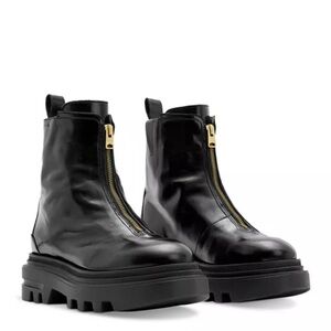 NWT All Saints Othello Black Leather Lug Sole Booties with Gold Zipper - sz 8